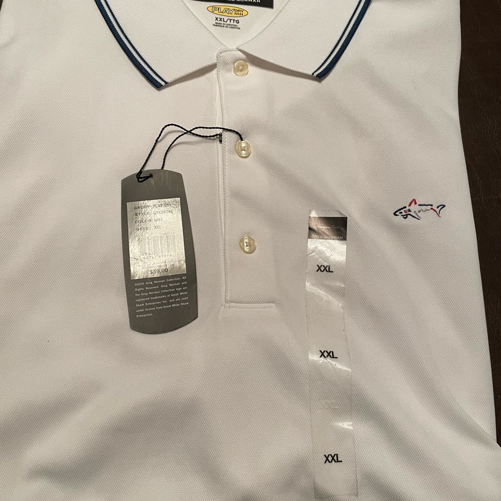 NWT Greg Norman Collection White Polo with Embroidered Shark Logo
